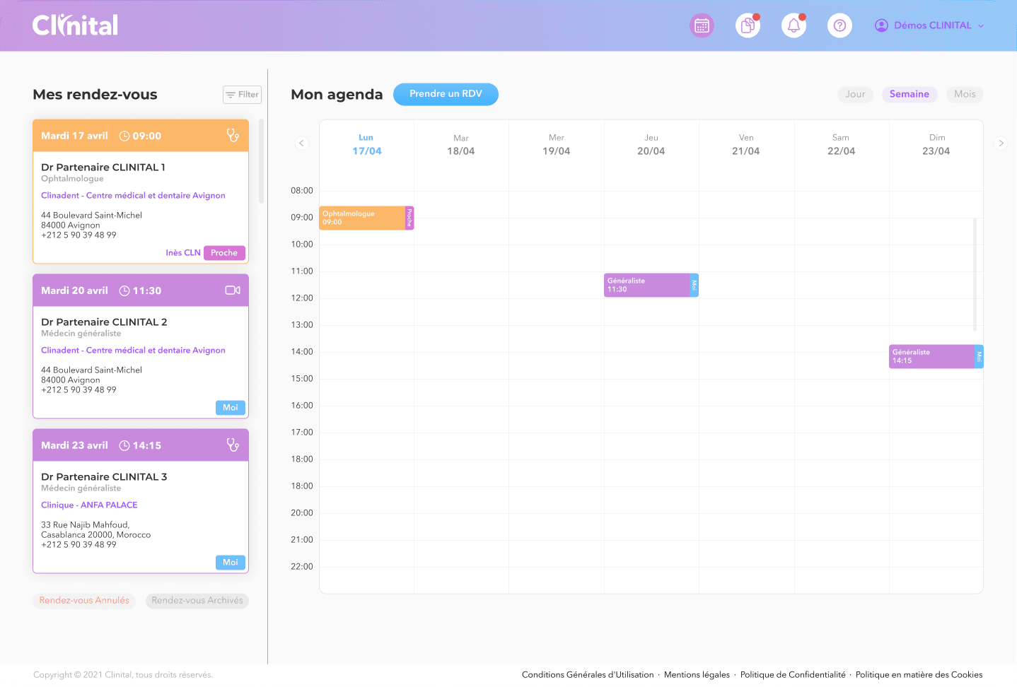 Agenda & disponibilités — Clinital