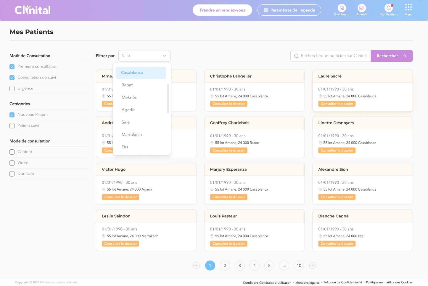 Gestion des patients (praticien) — Clinital